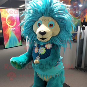 Turquoise Tamer Lion mascot costume character dressed with a Blouse and Hairpins