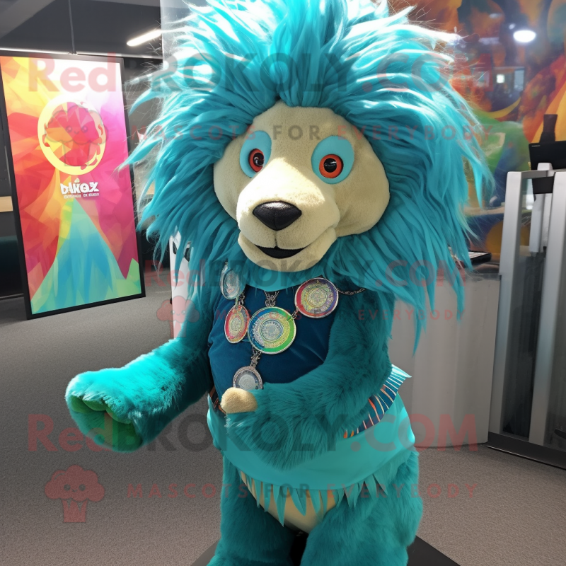 Turquoise Tamer Lion mascot costume character dressed with a Blouse and Hairpins