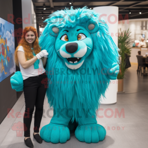 Turquoise Tamer Lion mascot costume character dressed with a Blouse and Hairpins