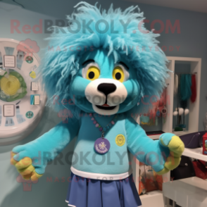 Turquoise Tamer Lion mascot costume character dressed with a Blouse and Hairpins