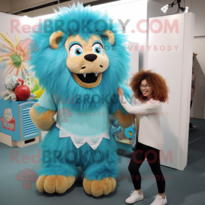 Turquoise Tamer Lion mascot costume character dressed with a Blouse and Hairpins