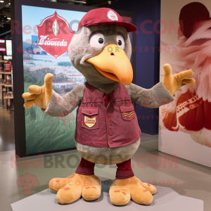 Maroon Turkey mascot costume character dressed with a Denim Shorts and Berets