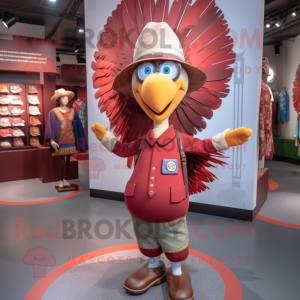 Maroon Turkey mascot costume character dressed with a Denim Shorts and Berets