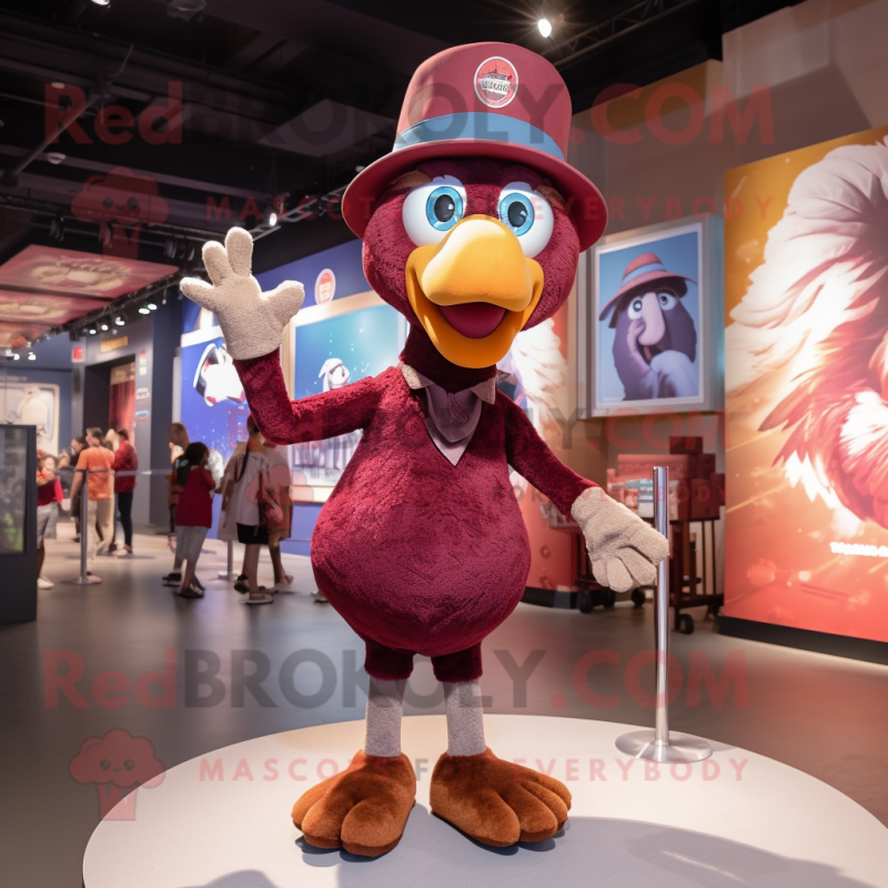 Maroon Turkey mascot costume character dressed with a Denim Shorts and Berets Maroon Turkey mascot costume character dressed with a Denim Shorts and Berets