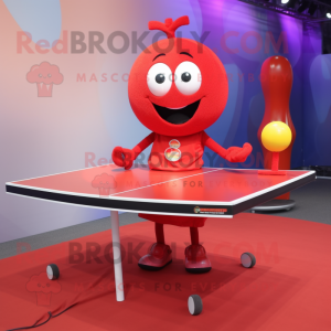 Personaje de traje de mascota de mesa de ping pong rojo vestido con un vestido de línea A y pulseras