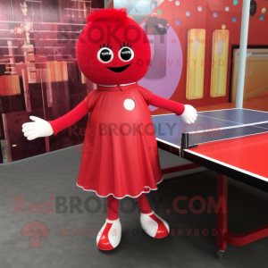 Personaje de traje de mascota de mesa de ping pong rojo vestido con un vestido de línea A y pulseras