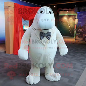 Personaje de traje de mascota White Walrus vestido con una camiseta de manga larga y pajaritas