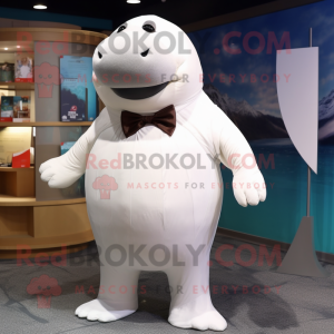 Hvid hvalros maskot kostume karakter klædt med en langærmet t-shirt og sløjfebånd