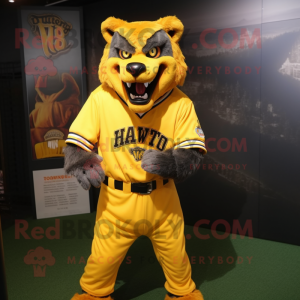 Yellow Werewolf mascot costume character dressed with a Baseball Tee and Belts
