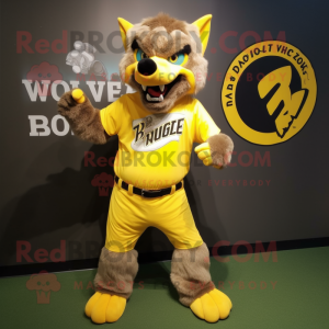 Yellow Werewolf mascot costume character dressed with a Baseball Tee and Belts