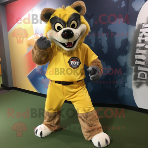 Yellow Werewolf mascot costume character dressed with a Baseball Tee and Belts