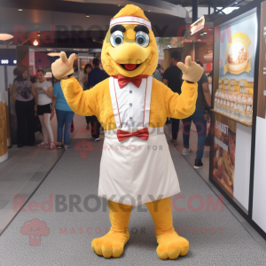 Gold Butter Chicken mascot costume character dressed with a Oxford Shirt and Suspenders