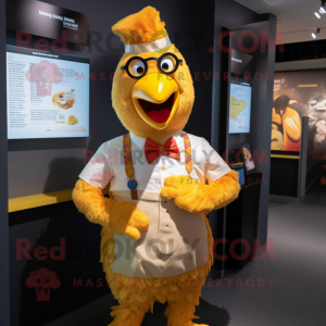 Gold Butter Chicken mascot costume character dressed with a Oxford Shirt and Suspenders