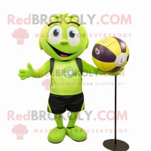 Personaje de disfraz de mascota de pelota de voleibol verde lima vestido con un chaleco y relojes