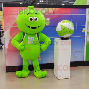 Personaje de disfraz de mascota de pelota de voleibol verde lima vestido con un chaleco y relojes