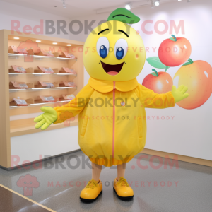 Peach Lemon mascot costume character dressed with a Coat and Shoe clips