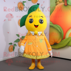 Peach Lemon mascot costume character dressed with a Coat and Shoe clips