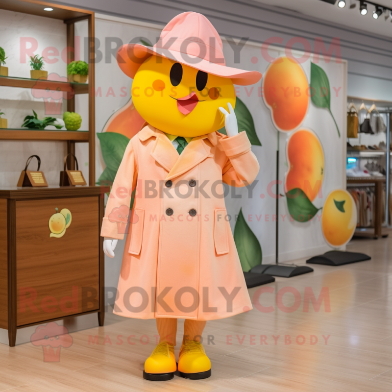 Peach Lemon mascot costume character dressed with a Coat and Shoe clips Peach Lemon mascot costume character dressed with a Coat and Shoe clips