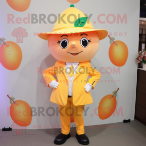 Peach Lemon mascot costume character dressed with a Coat and Shoe clips
