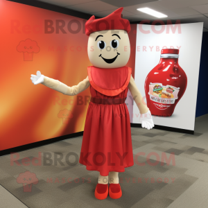 Personaje de disfraz de mascota Tan Bottle Of Ketchup vestido con un vestido tubo y pulseras