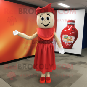 Tan Bottle Of Ketchup mascot costume character dressed with a Sheath Dress and Bracelets