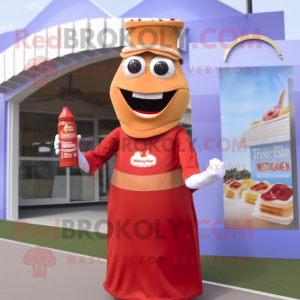 Tan Bottle Of Ketchup maskot kostume karakter klædt med en skede kjole og armbånd