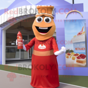 Tan Bottle Of Ketchup mascot costume character dressed with a Sheath Dress and Bracelets