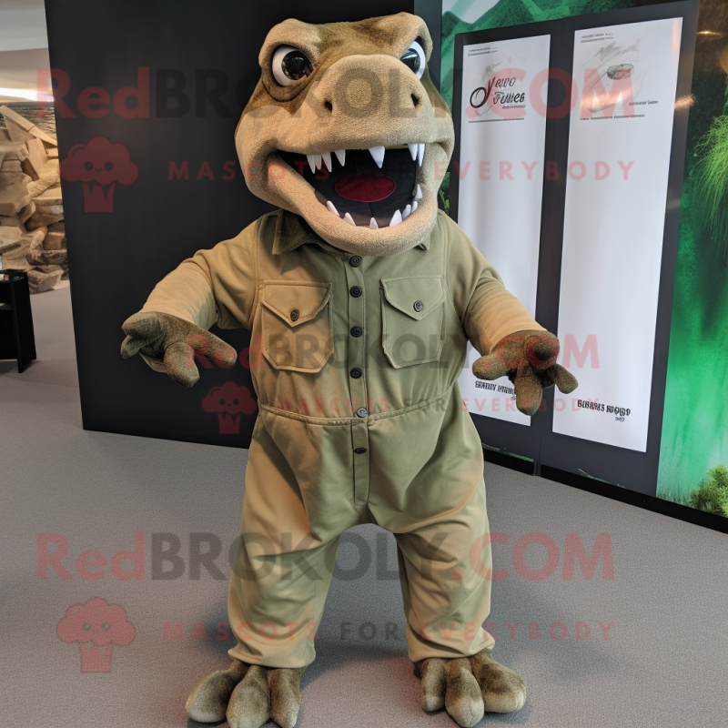 Olive Komodo Dragon mascot costume character dressed with a Overalls and Cufflinks