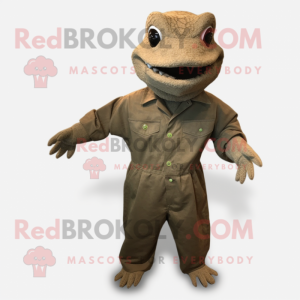 Olive Komodo Dragon mascot costume character dressed with a Overalls and Cufflinks