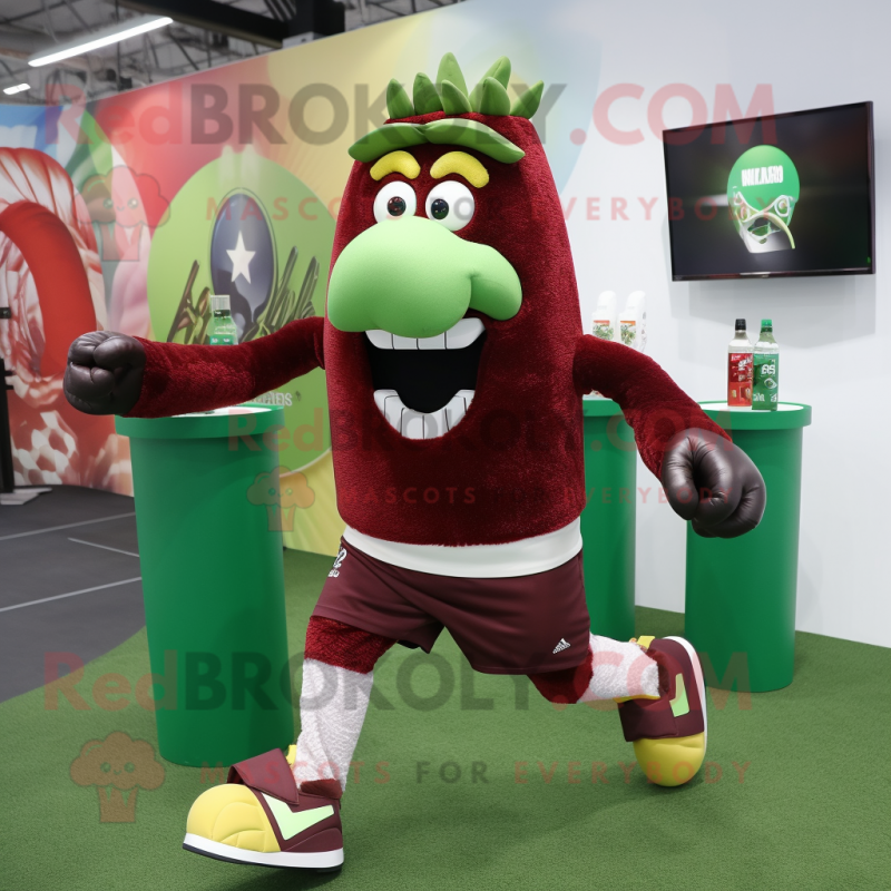 Maroon Green Beer mascot costume character dressed with a Running Shorts and Scarf clips Maroon Green Beer mascot costume character dressed with a Running Shorts and Scarf clips