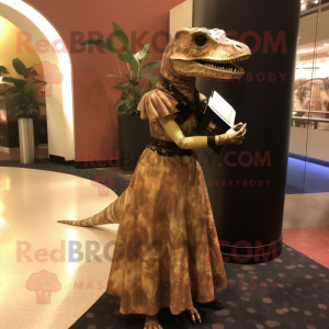 Rust Allosaurus mascot costume character dressed with a Evening Gown and Clutch bags