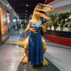 Rust Allosaurus mascot costume character dressed with a Evening Gown and Clutch bags