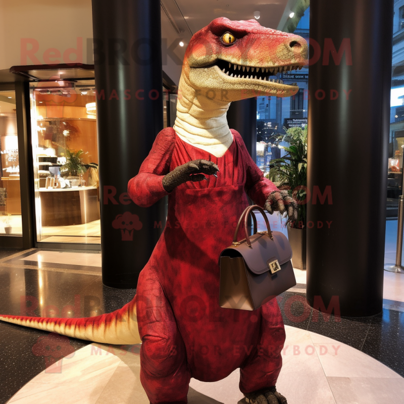 Rust Allosaurus mascot costume character dressed with a Evening Gown and Clutch bags