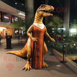 Rust Allosaurus mascot costume character dressed with a Evening Gown and Clutch bags