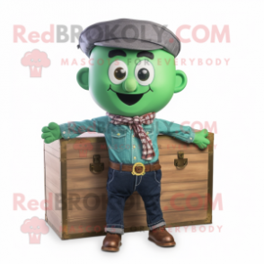 Forest Green Treasure Chest mascot costume character dressed with a Denim Shirt and Bow ties