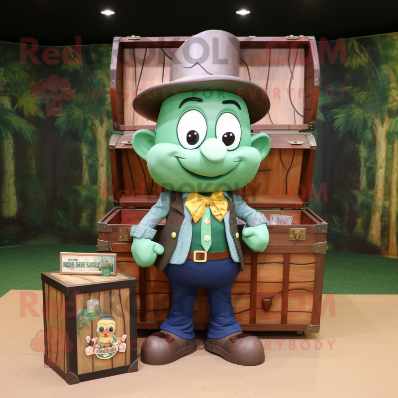 Forest Green Treasure Chest mascot costume character dressed with a Denim Shirt and Bow ties Forest Green Treasure Chest mascot costume character dressed with a Denim Shirt and Bow ties