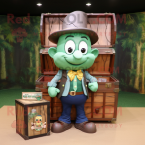 Forest Green Treasure Chest mascot costume character dressed with a Denim Shirt and Bow ties