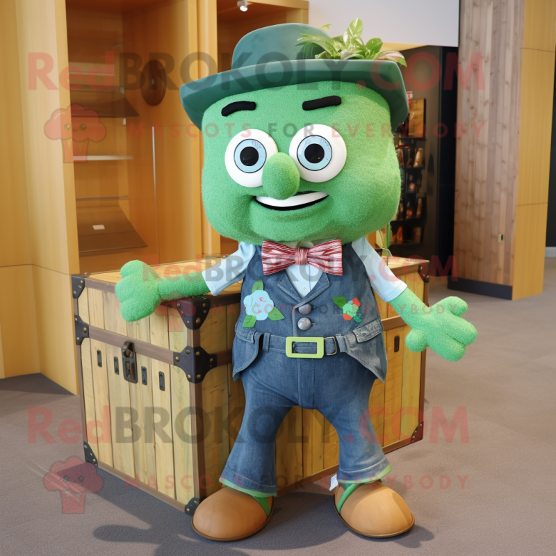 Forest Green Treasure Chest mascot costume character dressed with a Denim Shirt and Bow ties