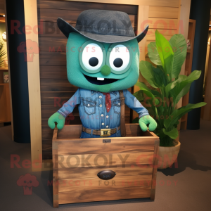 Forest Green Treasure Chest mascot costume character dressed with a Denim Shirt and Bow ties