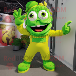 Lime Green Medusa mascot costume character dressed with a Overalls and Mittens