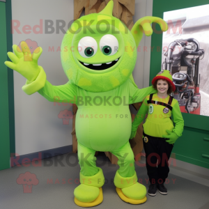 Lime Green Medusa mascot costume character dressed with a Overalls and Mittens