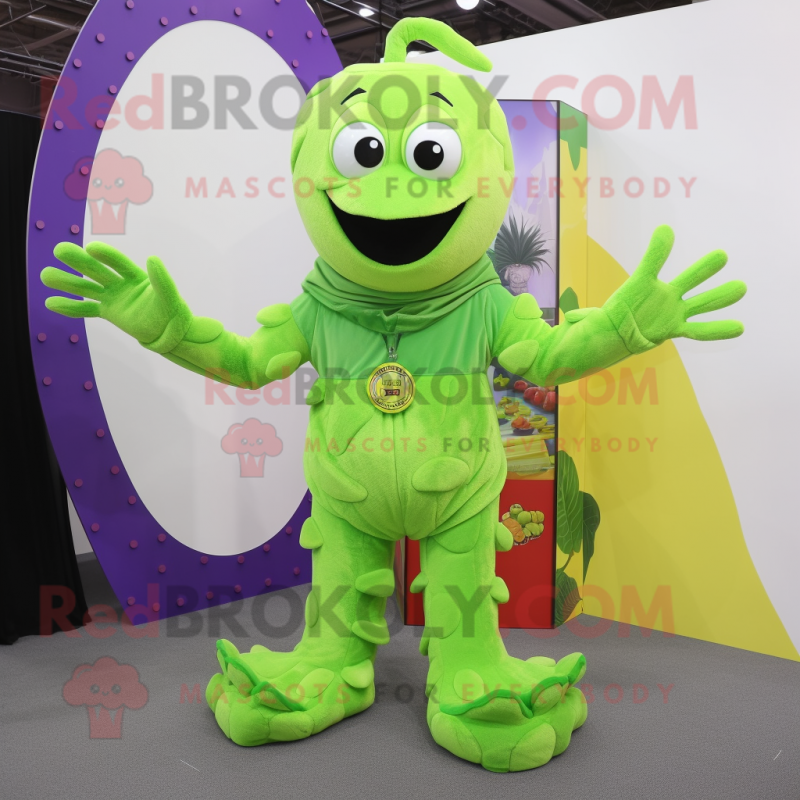 Lime Green Medusa mascot costume character dressed with a Overalls and Mittens