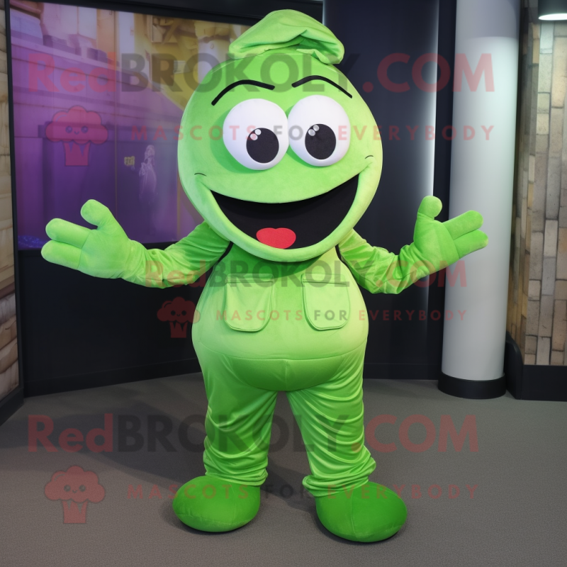 Lime Green Medusa mascot costume character dressed with a Overalls and Mittens