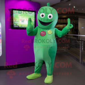 Magenta Green Bean mascot costume character dressed with a Jumpsuit and Digital watches