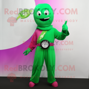 Magenta Green Bean mascot costume character dressed with a Jumpsuit and Digital watches