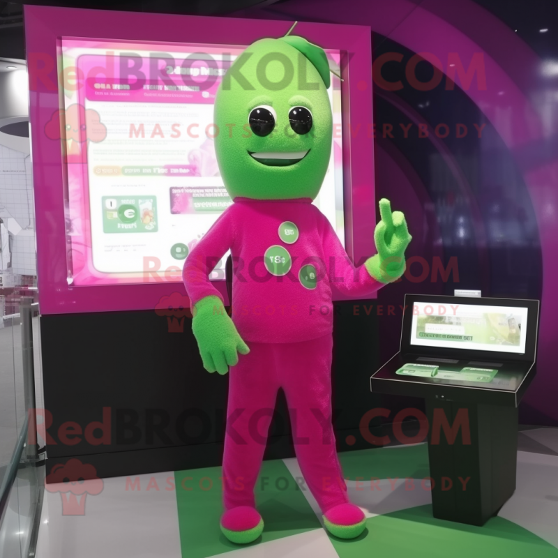 Magenta Green Bean mascot costume character dressed with a Jumpsuit and Digital watches