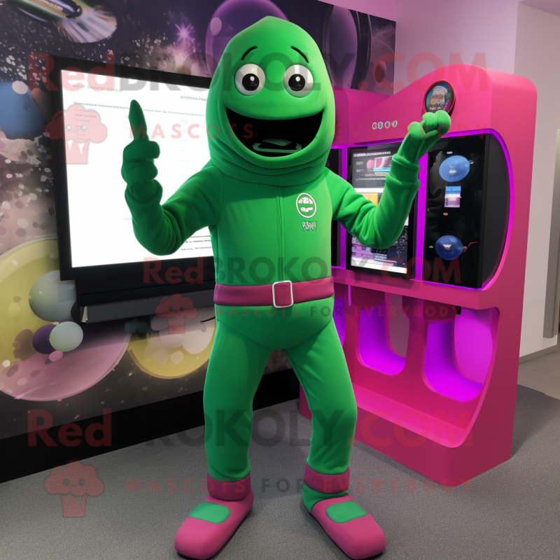 Magenta Green Bean mascot costume character dressed with a Jumpsuit and Digital watches