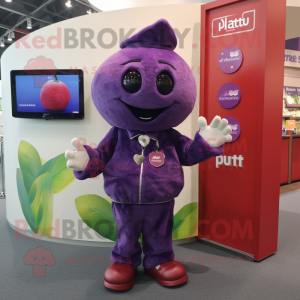 Purple Plum mascot costume character dressed with a Button-Up Shirt and Mittens