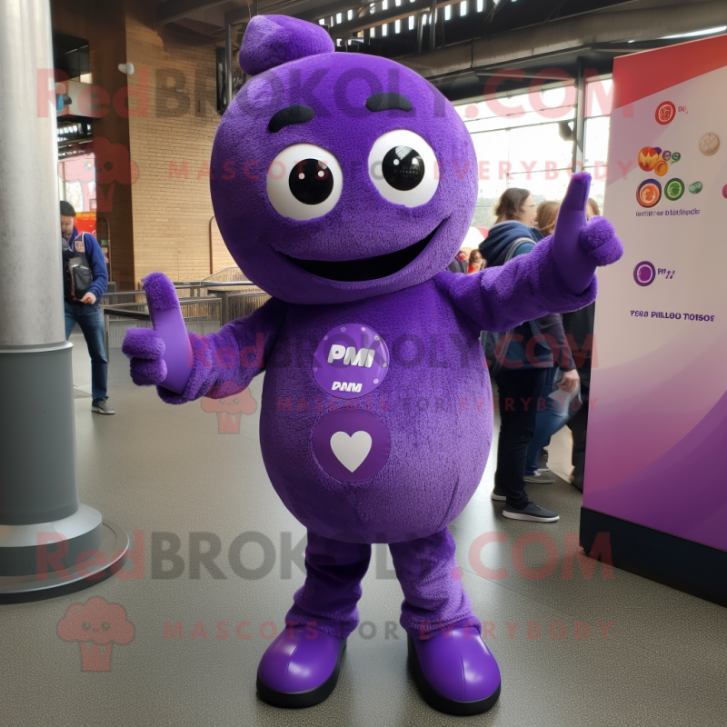 Purple Plum mascot costume character dressed with a Button-Up Shirt and Mittens