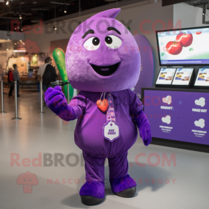 Purple Plum mascot costume character dressed with a Button-Up Shirt and Mittens